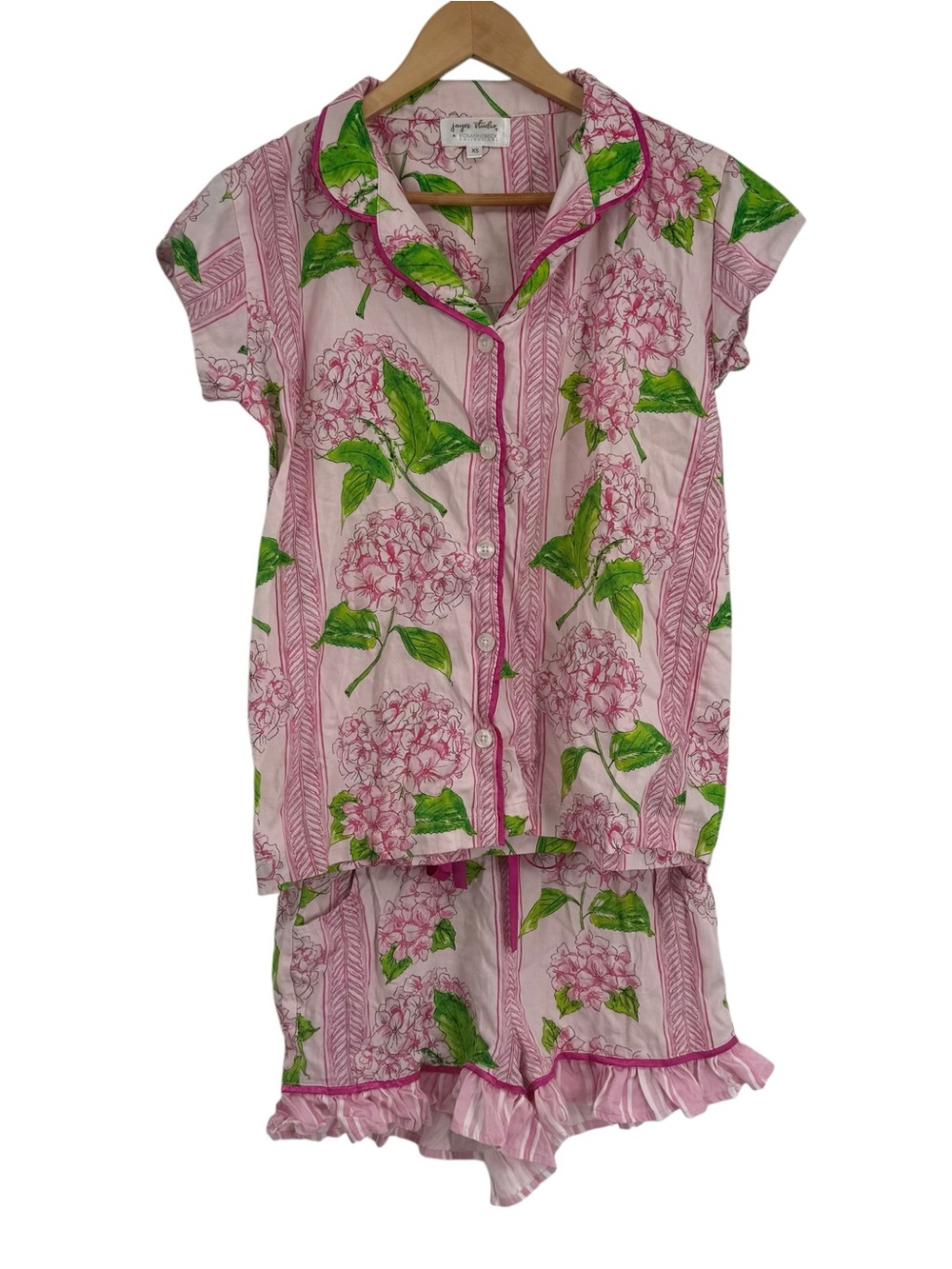 Jayes Studio Hydrangea Ruffled Pajama Set size XS Pink Shorts Cotton Sateen